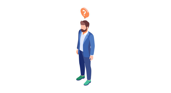 man in blue suit with question mark above head