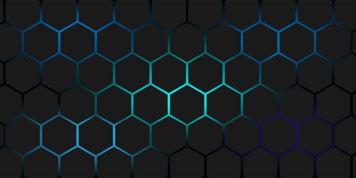 Dark technology hexagonal vector abstract background. Green bright energy flashes under hexagon in dark technology futuristic modern background vector illustration. Gray honeycomb texture grid.