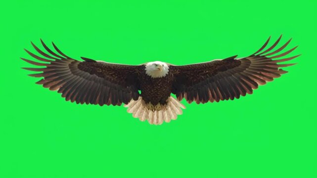 Majestic bald eagle in flight with wings spread wide against a solid green screen background for chroma keying