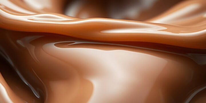 Indulgent 3D render of thick, glossy caramel or milk chocolate waves. Features rich brown tones, deep shadows, and a silky, liquid surface with realistic reflections.