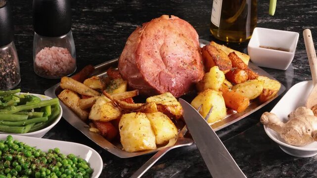 Honey Roasted Gammon with Ginger Ready to Serve with Roasted Vegetables and Sides 2