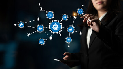 A professional woman interacts with digital networking icons, illustrating modern business connections and collaborations. This image represents innovation and strategic growth. Tessel © InfiniteFlow