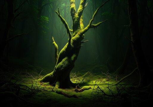 An ancient and impossibly dense temperate forest wilderness, characterized by deep shadow, thick moss covering, and tangled twisted undergrowth, extreme nature, untouched, foliage