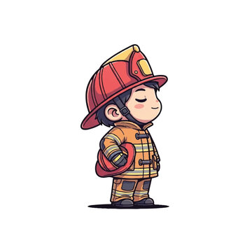 Little boy dressed as fireman standing.