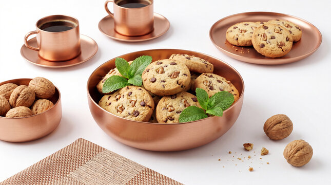 Copper kitchenware with chocolate chip cookies walnuts and coffee on white background