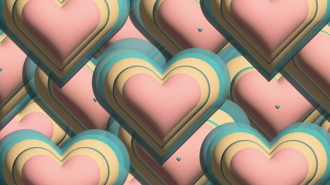 4k footage animation of love pastel filled the background of heart shaped tunnel. Rainbow romantic pattern. green yellow pink pastel color. Trendy animation in style retro 60s, 70s.