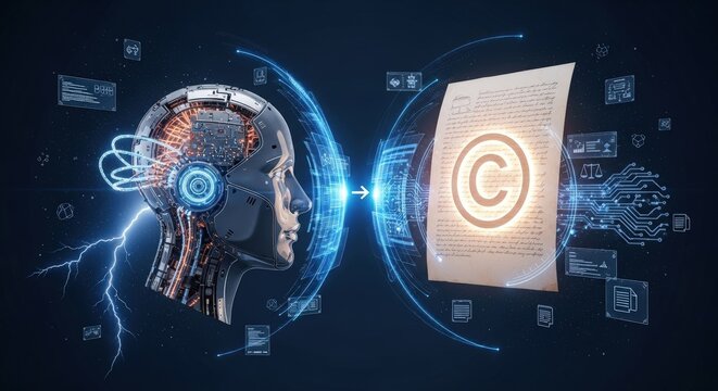 AI IP Law Concept: Robot Brain and Copyright Manuscript Representing the Boundary Between Human Authorship and Machine Analysis in a Minimalist Navy Blue Void