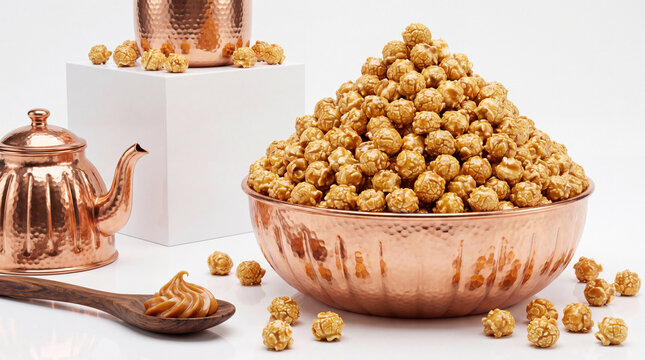 Copper bowl filled with caramel popcorn next to copper kettle and wooden spoon on white background