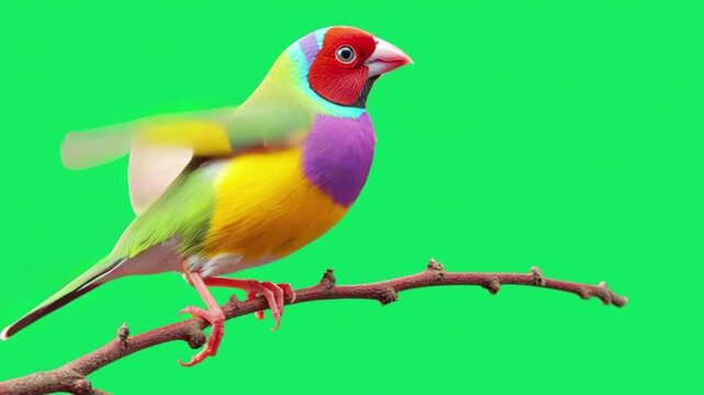 This beautiful and vibrant Gouldian finch bird perches on a branch, looking directly ahead.