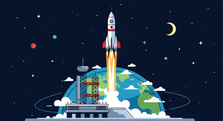 Rocket Launching into Space from Earth with Stars and Moon. © Ayung