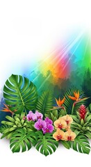 Fototapeta premium High detail tropical nature illustration showcasing lush green foliage and exotic botany. Abstract artistic jungle background painting, plant, drawing, flora