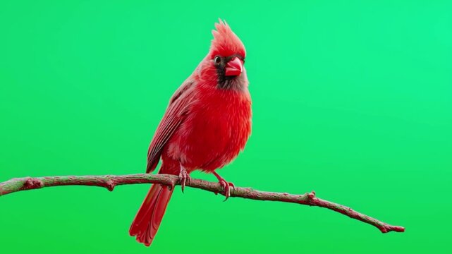 Vibrant male northern cardinal bird perched on a branch against a solid green screen background