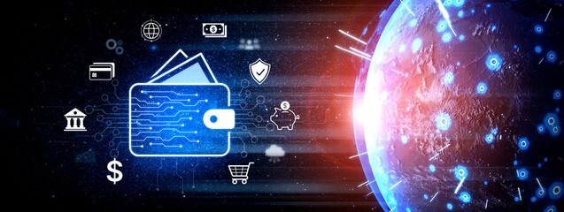Fototapeta premium Modern mobile banking concept featuring secure digital wallet interface, contactless NFC payment, and money transfer. Represents safe user financial buy transactions in a cashless society. Corpus