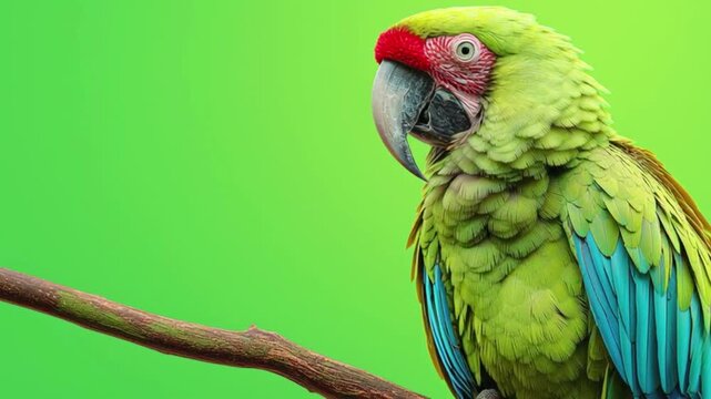 Closeup of a beautiful military macaw parrot perched on a branch against a solid green screen background
