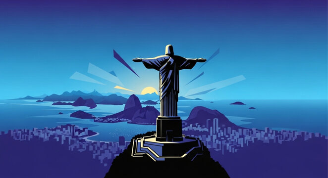Iconic Christ the Redeemer Statue Overlooking Rio de Janeiro at Sunrise.