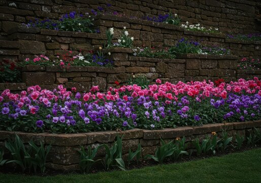 Rovine antiche coperte da cascate di glicine viola e rosa. Un angolo incantevole di un giardino storico e romantico in piena fioritura primaverile, flora, rovine, parco