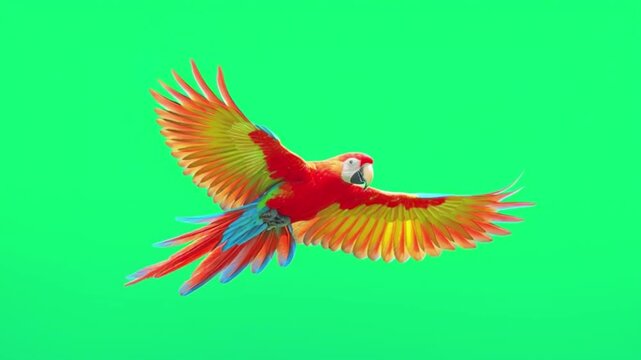 Scarlet macaw parrot flying with wings spread wide isolated on green screen background for chroma key compositing