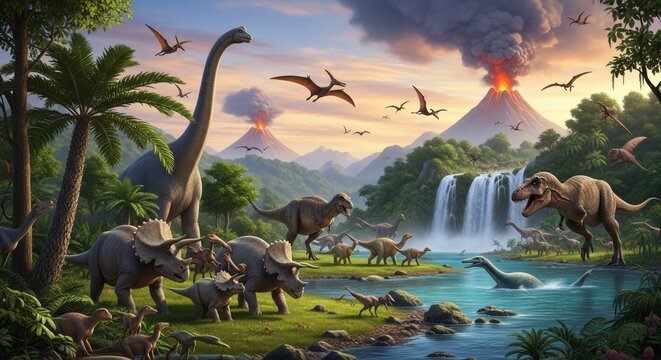 A prehistoric landscape teeming with life, featuring various dinosaurs roaming freely amidst lush vegetation and volcanic eruptions in the background.