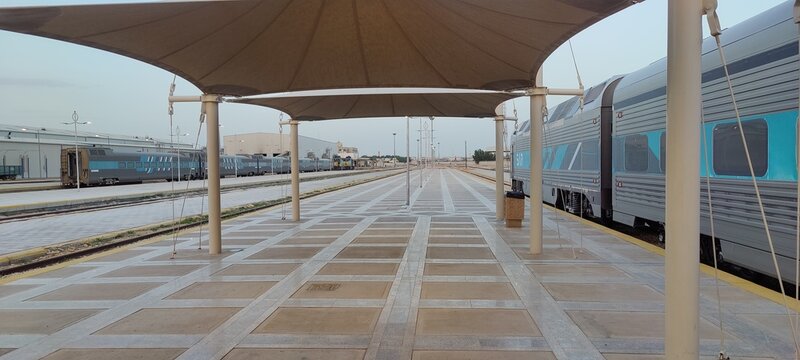 Riyadh&ndash;Dammam railway station in Al Malaz, Riyadh, captured on April 18, 2026. Modern transport hub with rail infrastructure, platforms, and urban surroundings in Saudi Arabia