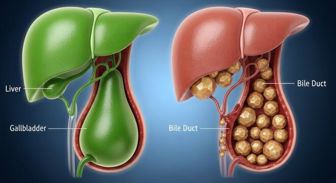 Anatomical illustration of a healthy liver and gallbladder next to a liver with gallstones in the bile duct.