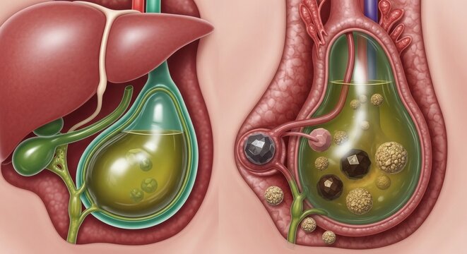 Anatomical illustration of a healthy gallbladder and a diseased gallbladder with gallstones.