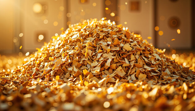 Pile of metal shavings in a bright factory environment  