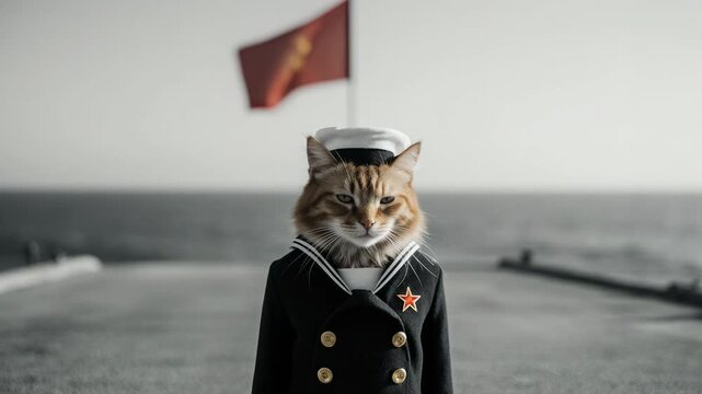 Cat in a Soviet style sailor uniform with red star insignia. Close up of a feline navy soldier in a historical war metaphor. Red navy concept