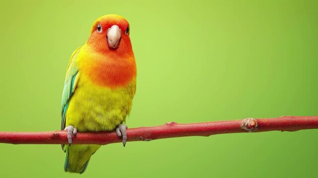 Vibrant orange and yellow lovebird perched on a red branch beautiful exotic parrot on green screen background