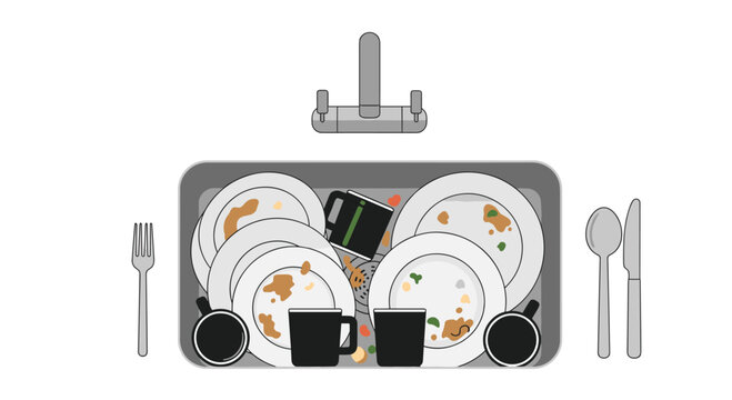 A top-down view shows a grey sink basin cluttered with dirty plates black mugs and used silverware with food scraps under a simple and sleek silver faucet.