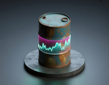 Rusty oil barrel with glowing neon financial market graph