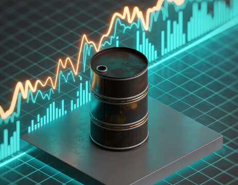 Crude oil barrel on platform with glowing market data