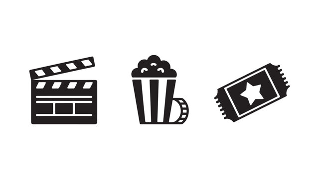 Cinema Movie Icons Set: Clapperboard, Popcorn, and Ticket for Film Industry Concepts