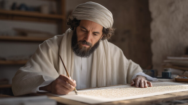 Islamic calligrapher in natural light studio fills large cream paper with bismillah in Thuluth script, reed pen and inkstone on wooden desk, focused concentration expression, Arabic religious art cr