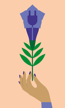 Hand Holding Gentian Flower with Embedded Electric Cable