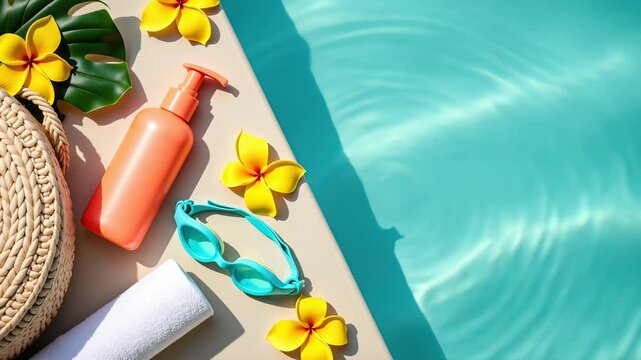 Poolside vacation essentials flat lay with coral sunscreen and aqua goggles. Yellow plumeria flowers and a straw bag next to shimmering pool water. Dynamic light reflections