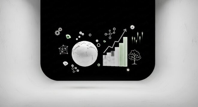 Corporate ESG Excellence Concept: Minimalist White Marble Earth and Platinum Bar Chart in Luxury Art Void