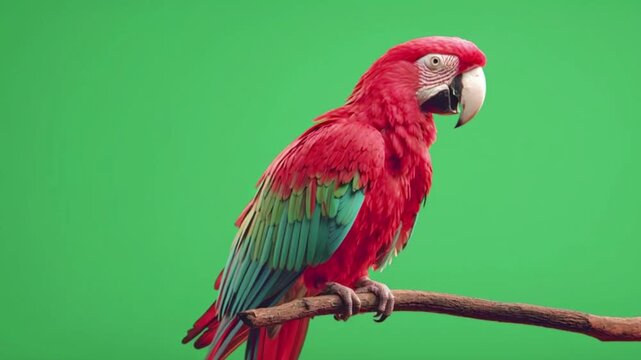 A vibrant scarlet macaw parrot perched on a branch with its wings spread wide against a green screen background