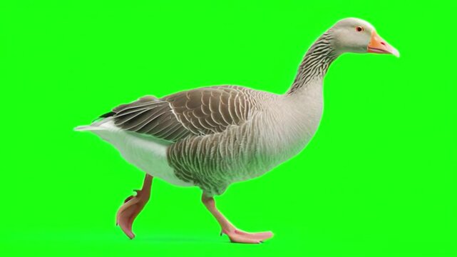 A goose walking on a vibrant green screen background, perfect for chroma key compositing and video editing projects