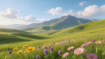 Fototapeta premium Floral meadow with mountain backdrop