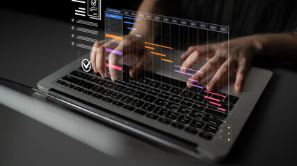 A project management dashboard for business. The interface features a Gantt chart to visualize the...