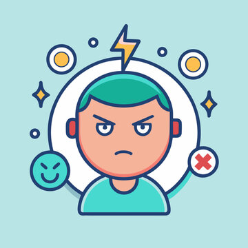 Angry person icon with lightning and mood symbols