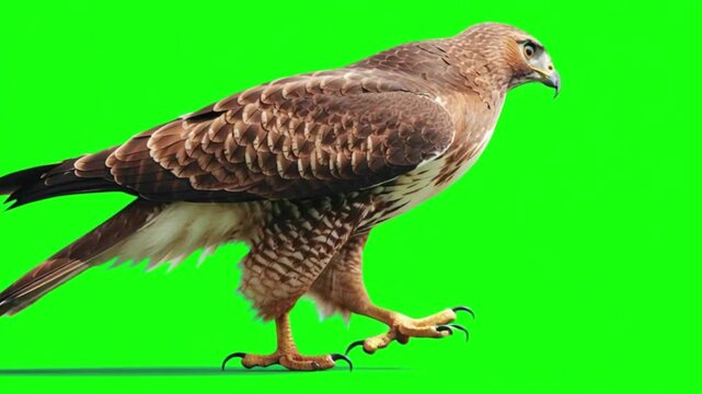 Full body side view of a redtailed hawk walking on a green screen background