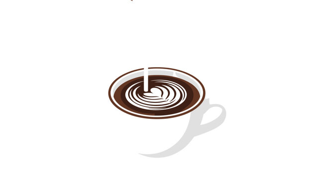 An elegant isometric illustration depicts a white ceramic cup being filled with a stream of milk to form a delicate rosette pattern in dark coffee liquid.