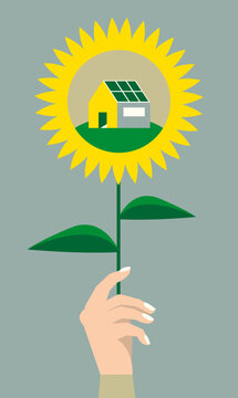 Hand Holding Sunflower with Solar-Powered House Inside