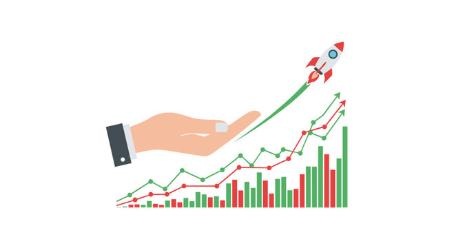 A professional business hand supports a dynamic financial growth chart featuring rising green arrows and a colorful rocket ship launching into space.