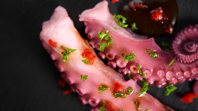 Octopus serving with vegetables, sea food. Freshly boiled octopus tentacles dish on black stone slate plate background, Asian, Mediterranean cuisine, dinner. Top view. Restaurant menu