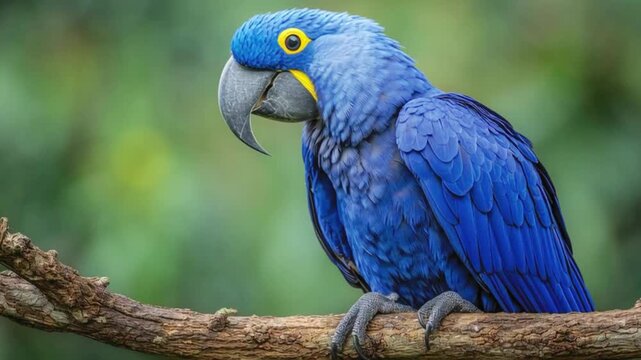 Hyacinth macaw, anodorhynchus hyacinthinus, perched on a branch, vibrant blue parrot native to central and eastern south america