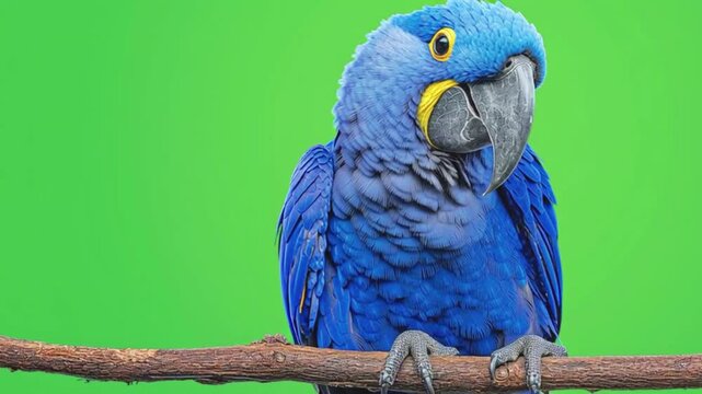 Closeup portrait of a beautiful blue hyacinth macaw parrot perched on a branch against a green screen background