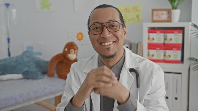 Latin man doctor smiling with stethoscope and clasped hands in pediatric exam room building, plush toys and table visible; reassurance.