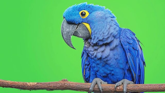 Hyacinth macaw parrot perched on a branch against a solid green screen background